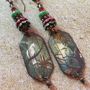 Tropical Bird Earrings with Green Accents